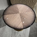 Circular Radial Wood Veneer Sofa Side Table with Sculpted Pedestal and Gold-Finished Stainless Steel Base
